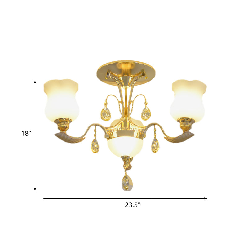 Milk Glass Tulip Flower Semi Flush Modern 3-Light Bedroom Close to Ceiling Light in Gold Clearhalo 'Ceiling Lights' 'Close To Ceiling Lights' 'Close to ceiling' 'Semi-flushmount' Lighting' 917534