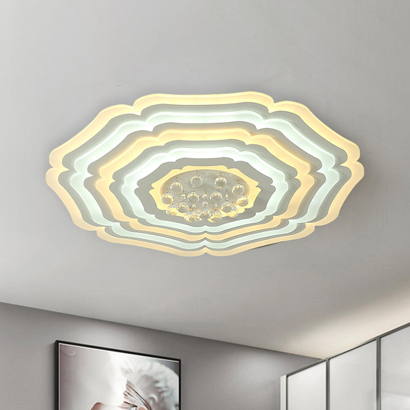 Super Thin Layered Flower LED Flush Light Modernist White Acrylic Ceiling Mount Lamp with Crystal Drop White Clearhalo 'Ceiling Lights' 'Close To Ceiling Lights' 'Close to ceiling' 'Flush mount' Lighting' 917543