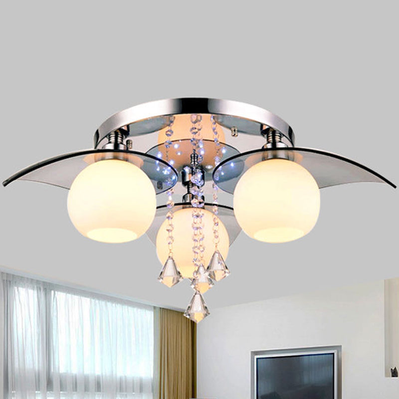 Ball Dining Room Semi Flush Light Modern Cream Glass 3-Bulb Chrome Ceiling Fixture with Crystal Diamond Chrome Clearhalo 'Ceiling Lights' 'Close To Ceiling Lights' 'Close to ceiling' 'Semi-flushmount' Lighting' 917551