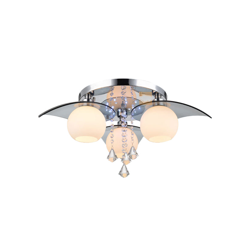 Ball Dining Room Semi Flush Light Modern Cream Glass 3-Bulb Chrome Ceiling Fixture with Crystal Diamond Clearhalo 'Ceiling Lights' 'Close To Ceiling Lights' 'Close to ceiling' 'Semi-flushmount' Lighting' 917552