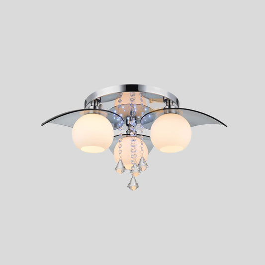 Ball Dining Room Semi Flush Light Modern Cream Glass 3-Bulb Chrome Ceiling Fixture with Crystal Diamond Clearhalo 'Ceiling Lights' 'Close To Ceiling Lights' 'Close to ceiling' 'Semi-flushmount' Lighting' 917553