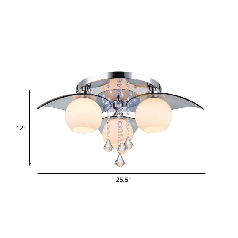 Ball Dining Room Semi Flush Light Modern Cream Glass 3-Bulb Chrome Ceiling Fixture with Crystal Diamond Clearhalo 'Ceiling Lights' 'Close To Ceiling Lights' 'Close to ceiling' 'Semi-flushmount' Lighting' 917554