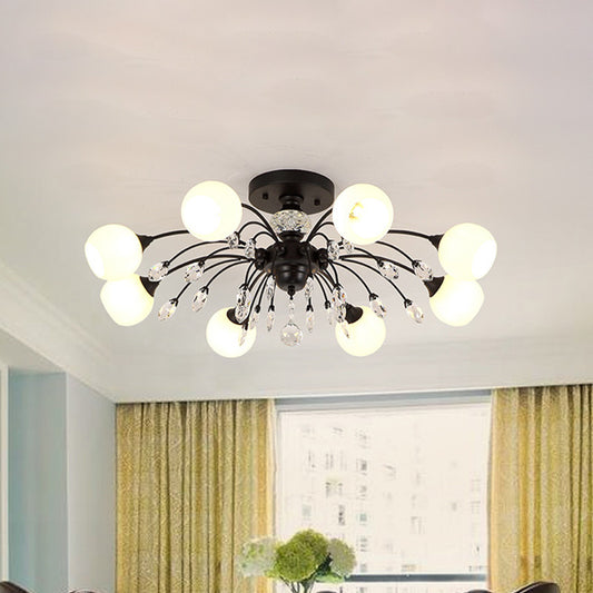 8 Heads White Glass Semi Flush Chandelier Modern Black Meteor Design Bedroom Ceiling Light with Crystal Accent Black Clearhalo 'Ceiling Lights' 'Close To Ceiling Lights' 'Close to ceiling' 'Semi-flushmount' Lighting' 917555