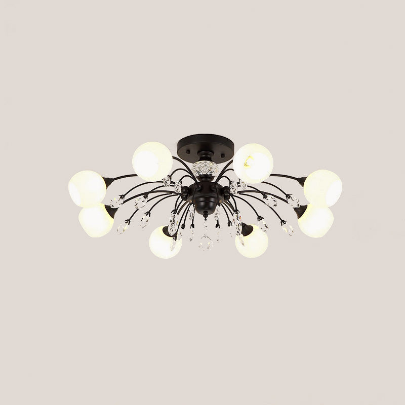 8 Heads White Glass Semi Flush Chandelier Modern Black Meteor Design Bedroom Ceiling Light with Crystal Accent Clearhalo 'Ceiling Lights' 'Close To Ceiling Lights' 'Close to ceiling' 'Semi-flushmount' Lighting' 917557