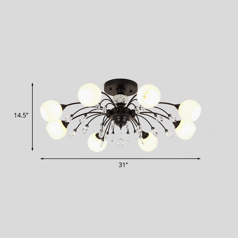 8 Heads White Glass Semi Flush Chandelier Modern Black Meteor Design Bedroom Ceiling Light with Crystal Accent Clearhalo 'Ceiling Lights' 'Close To Ceiling Lights' 'Close to ceiling' 'Semi-flushmount' Lighting' 917558