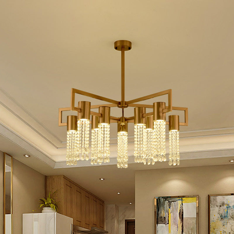 Tube Crystal Fringe Ceiling Flush Postmodern 10-Light Parlor Semi Flush Mount Chandelier in Brass Brass Clearhalo 'Ceiling Lights' 'Close To Ceiling Lights' 'Close to ceiling' 'Semi-flushmount' Lighting' 917559