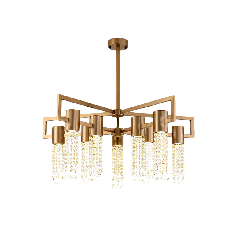 Tube Crystal Fringe Ceiling Flush Postmodern 10-Light Parlor Semi Flush Mount Chandelier in Brass Clearhalo 'Ceiling Lights' 'Close To Ceiling Lights' 'Close to ceiling' 'Semi-flushmount' Lighting' 917560