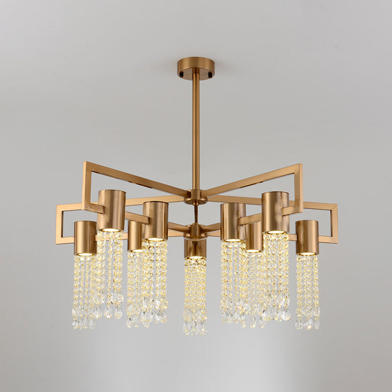 Tube Crystal Fringe Ceiling Flush Postmodern 10-Light Parlor Semi Flush Mount Chandelier in Brass Clearhalo 'Ceiling Lights' 'Close To Ceiling Lights' 'Close to ceiling' 'Semi-flushmount' Lighting' 917561