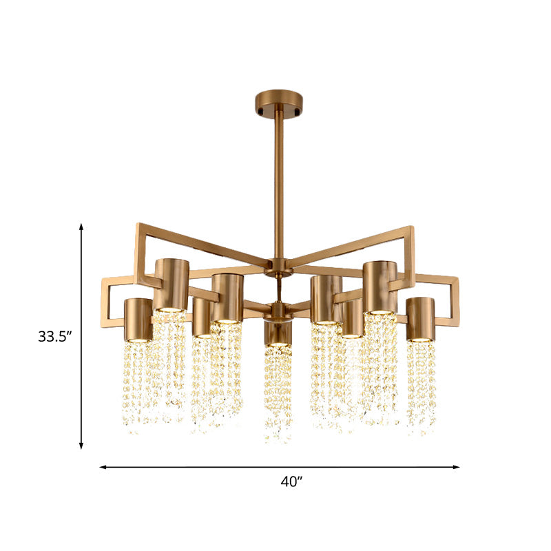 Tube Crystal Fringe Ceiling Flush Postmodern 10-Light Parlor Semi Flush Mount Chandelier in Brass Clearhalo 'Ceiling Lights' 'Close To Ceiling Lights' 'Close to ceiling' 'Semi-flushmount' Lighting' 917562