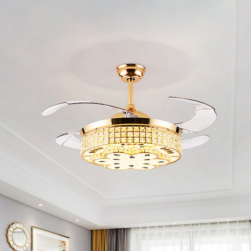 Grid Crystal Embedded Ceiling Fan Lamp Modern Hotel 42" Wide LED Semi Flush Mount Light in Gold, 4-Blade Clearhalo 'Ceiling Fans with Lights' 'Ceiling Fans' 'Modern Ceiling Fans' 'Modern' Lighting' 917624