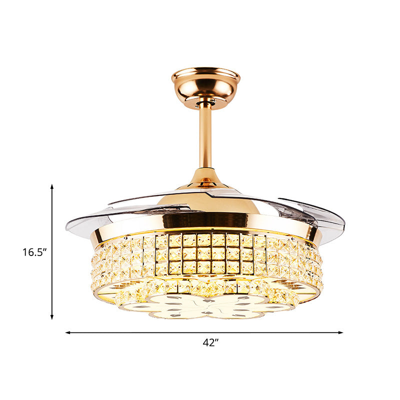 Grid Crystal Embedded Ceiling Fan Lamp Modern Hotel 42" Wide LED Semi Flush Mount Light in Gold, 4-Blade Clearhalo 'Ceiling Fans with Lights' 'Ceiling Fans' 'Modern Ceiling Fans' 'Modern' Lighting' 917626