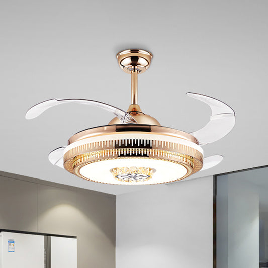 Circular Living Room Fan Lighting Modernism Crystal 4-Blade Gold LED Semi Flush Ceiling Light, 42" Wide Gold Clearhalo 'Ceiling Fans with Lights' 'Ceiling Fans' 'Modern Ceiling Fans' 'Modern' Lighting' 917643