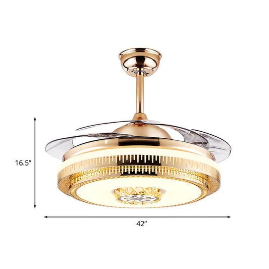 Circular Living Room Fan Lighting Modernism Crystal 4-Blade Gold LED Semi Flush Ceiling Light, 42" Wide Clearhalo 'Ceiling Fans with Lights' 'Ceiling Fans' 'Modern Ceiling Fans' 'Modern' Lighting' 917646