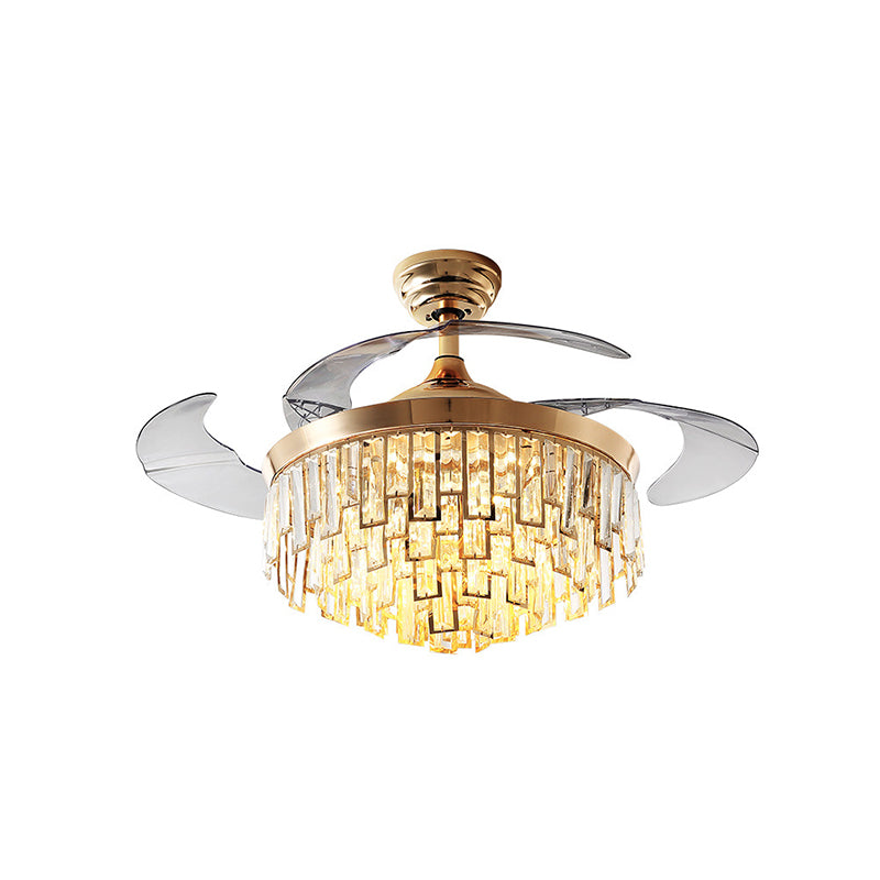 Multi-Layer Crystal Rectangle Semi Flush Postmodern 3-Blade Dining Room LED Ceiling Fan Light in Gold, 42" Width Clearhalo 'Ceiling Fans with Lights' 'Ceiling Fans' 'Modern Ceiling Fans' 'Modern' Lighting' 917677