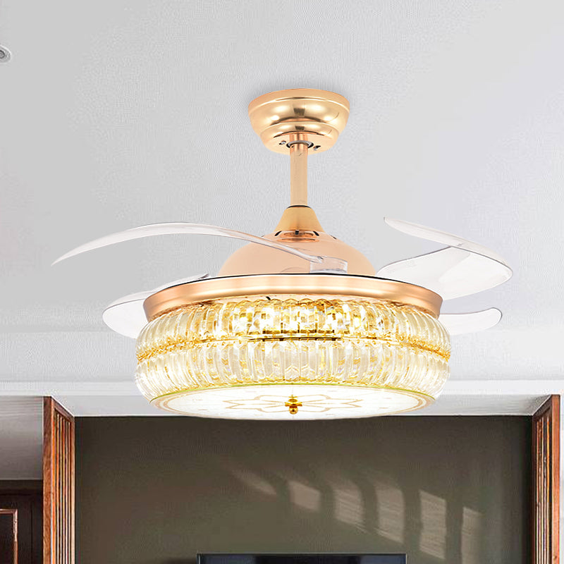 Cut Crystal Gold Semi Flush Mount Light Drum 4 Blades 42.5" Wide Modernist LED Ceiling Fan Gold A Clearhalo 'Ceiling Fans with Lights' 'Ceiling Fans' 'Modern Ceiling Fans' 'Modern' Lighting' 917683