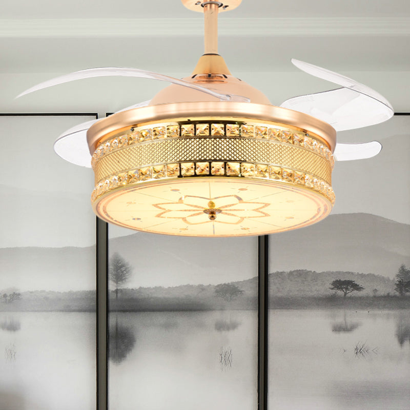 Cut Crystal Gold Semi Flush Mount Light Drum 4 Blades 42.5" Wide Modernist LED Ceiling Fan Gold B Clearhalo 'Ceiling Fans with Lights' 'Ceiling Fans' 'Modern Ceiling Fans' 'Modern' Lighting' 917687