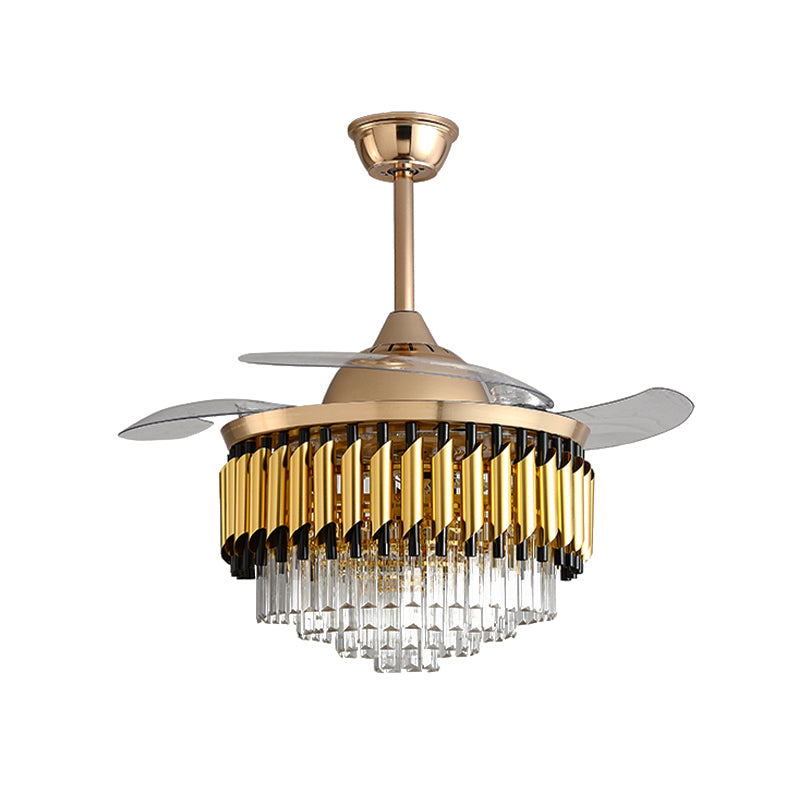 Layered Crystal Black/Gold Ceiling Fan Tapered Drum 3-Blade Postmodern LED Semi Flush Light, 42.5" Width Clearhalo 'Ceiling Fans with Lights' 'Ceiling Fans' 'Modern Ceiling Fans' 'Modern' Lighting' 917729