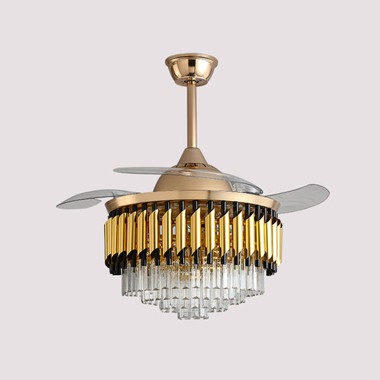 Layered Crystal Black/Gold Ceiling Fan Tapered Drum 3-Blade Postmodern LED Semi Flush Light, 42.5" Width Clearhalo 'Ceiling Fans with Lights' 'Ceiling Fans' 'Modern Ceiling Fans' 'Modern' Lighting' 917730