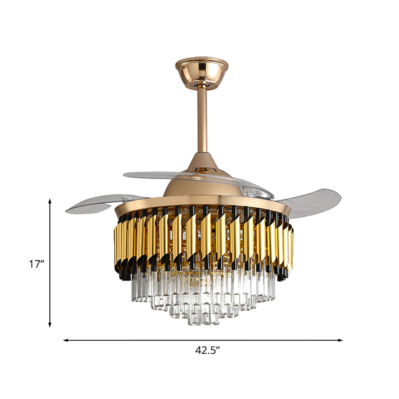 Layered Crystal Black/Gold Ceiling Fan Tapered Drum 3-Blade Postmodern LED Semi Flush Light, 42.5" Width Clearhalo 'Ceiling Fans with Lights' 'Ceiling Fans' 'Modern Ceiling Fans' 'Modern' Lighting' 917731