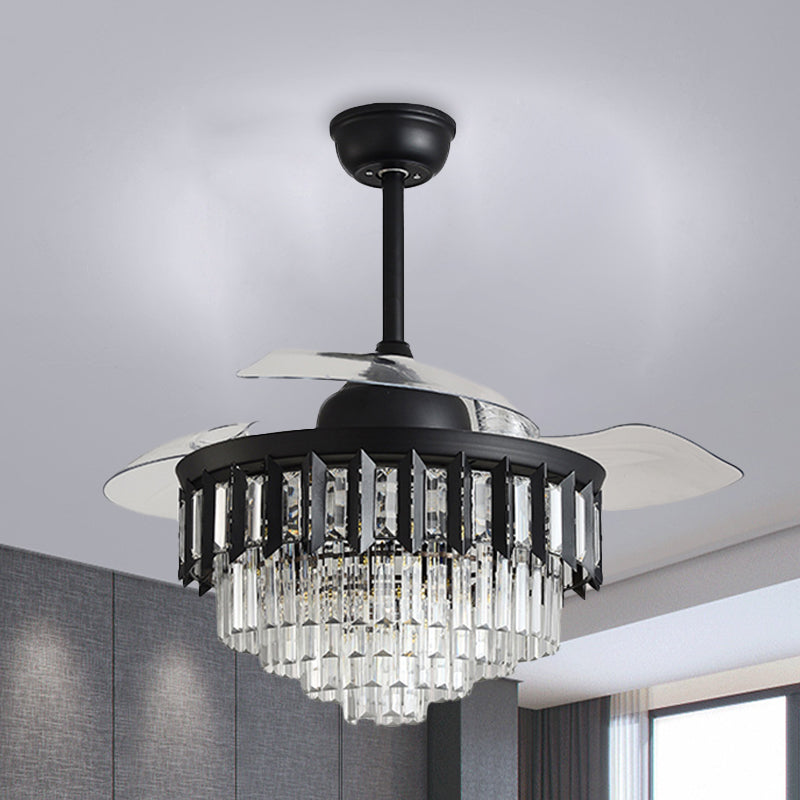 Layered Crystal Black/Gold Ceiling Fan Tapered Drum 3-Blade Postmodern LED Semi Flush Light, 42.5" Width Clearhalo 'Ceiling Fans with Lights' 'Ceiling Fans' 'Modern Ceiling Fans' 'Modern' Lighting' 917733