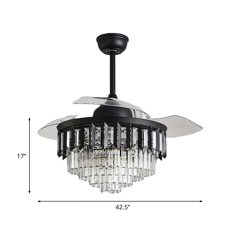 Layered Crystal Black/Gold Ceiling Fan Tapered Drum 3-Blade Postmodern LED Semi Flush Light, 42.5" Width Clearhalo 'Ceiling Fans with Lights' 'Ceiling Fans' 'Modern Ceiling Fans' 'Modern' Lighting' 917736