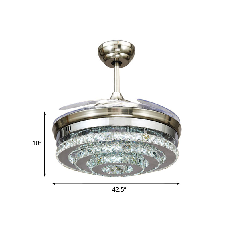 Chrome 3-Ring Flush Mount Ceiling Fan Modern Crystal 4 Blades Parlor LED Semi-Flush Mount Light, 42.5" W Clearhalo 'Ceiling Fans with Lights' 'Ceiling Fans' 'Modern Ceiling Fans' 'Modern' Lighting' 917740