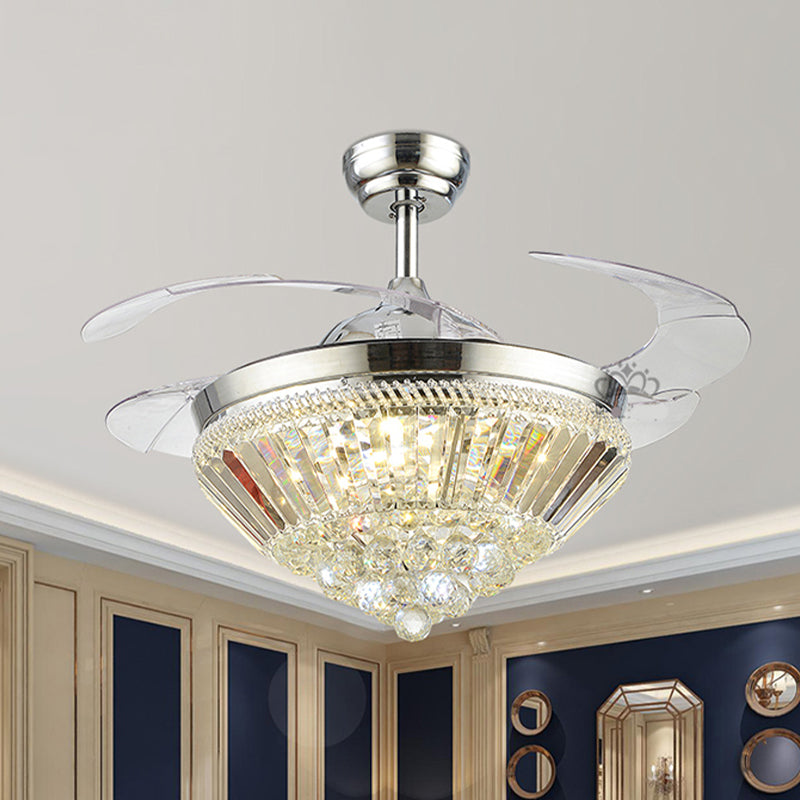 Silver Cone Shaped Ceiling Fan Light Kit Modern Crystal 3 Blades Bedroom LED Semi Flush, 42.5" Wide Silver Clearhalo 'Ceiling Fans with Lights' 'Ceiling Fans' 'Modern Ceiling Fans' 'Modern' Lighting' 917745