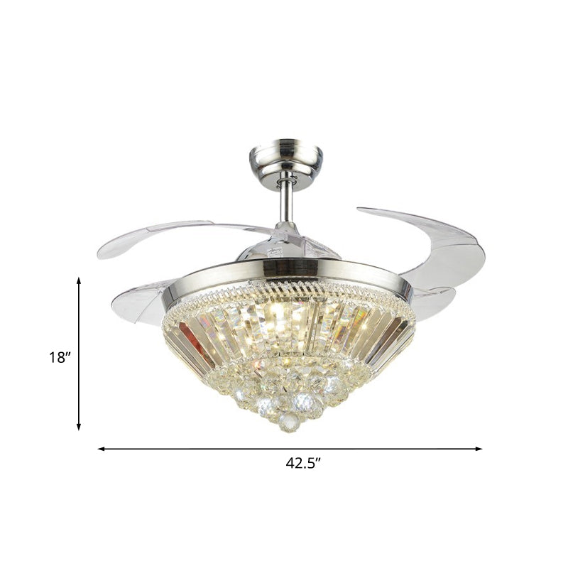 Silver Cone Shaped Ceiling Fan Light Kit Modern Crystal 3 Blades Bedroom LED Semi Flush, 42.5" Wide Clearhalo 'Ceiling Fans with Lights' 'Ceiling Fans' 'Modern Ceiling Fans' 'Modern' Lighting' 917748