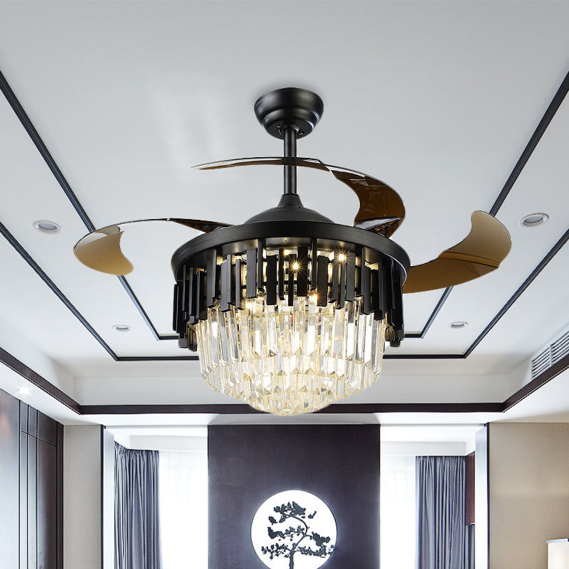 Black/Gold Layered Drum Fan Lamp Postmodern Crystal 3-Blade Dining Room LED Semi Flush Light, 19" Wide Black Clearhalo 'Ceiling Fans with Lights' 'Ceiling Fans' 'Modern Ceiling Fans' 'Modern' Lighting' 917773