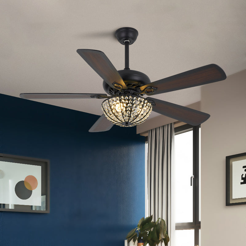 3 Bulbs Dome Semi Flush Mount Traditional Black Crystal 5 Blades Ceiling Fan Light, 41" Width Black Clearhalo 'Ceiling Fans with Lights' 'Ceiling Fans' Lighting' 917778