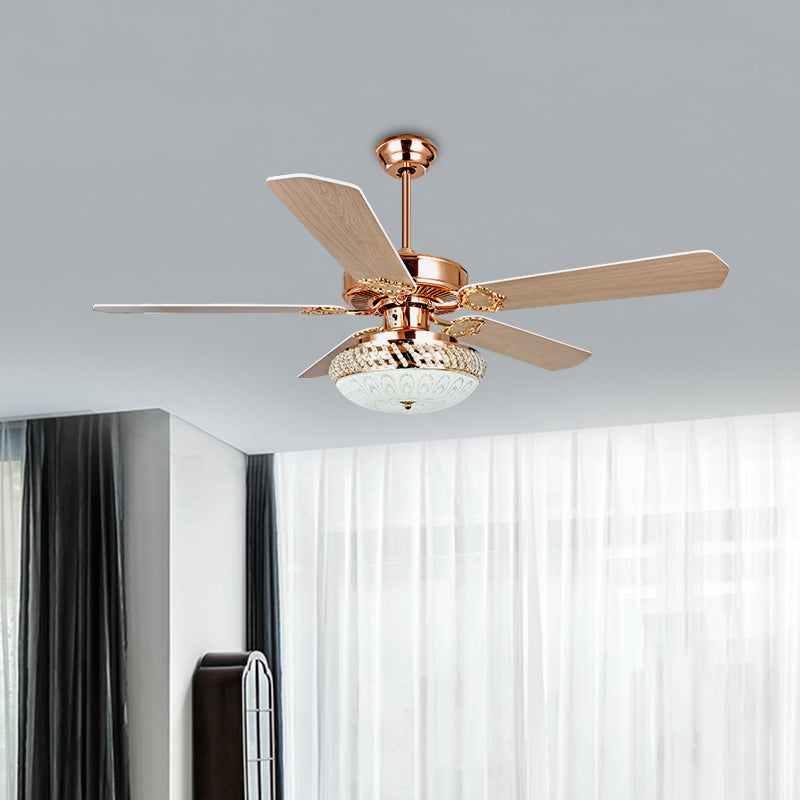 41" W Crystal Bowl Pendant Fan Light Post Modern LED 5-Blade Living Room Semi-Flush Mount in Rose Gold Rose Gold Clearhalo 'Ceiling Fans with Lights' 'Ceiling Fans' Lighting' 917782