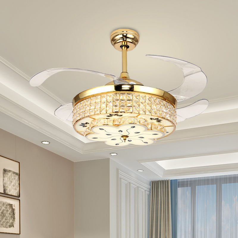 19" W Modern Drum Semi Flush Mount Light Fixture 4 Blades Crystal Ceiling Fan Lamp in Gold Gold Clearhalo 'Ceiling Fans with Lights' 'Ceiling Fans' Lighting' 917790