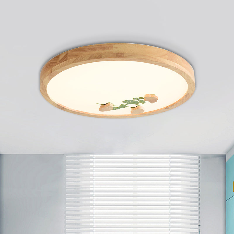 Circle Ceiling Mounted Lamp Simple Wood LED Bedroom Flushmount Light with White/Green Ginkgo Leaf Pattern Green Clearhalo 'Ceiling Lights' 'Close To Ceiling Lights' 'Close to ceiling' 'Flush mount' Lighting' 917839