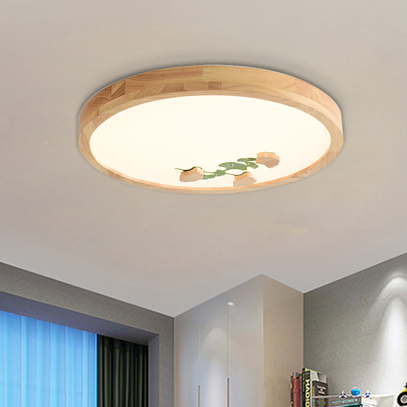 Circle Ceiling Mounted Lamp Simple Wood LED Bedroom Flushmount Light with White/Green Ginkgo Leaf Pattern Clearhalo 'Ceiling Lights' 'Close To Ceiling Lights' 'Close to ceiling' 'Flush mount' Lighting' 917840