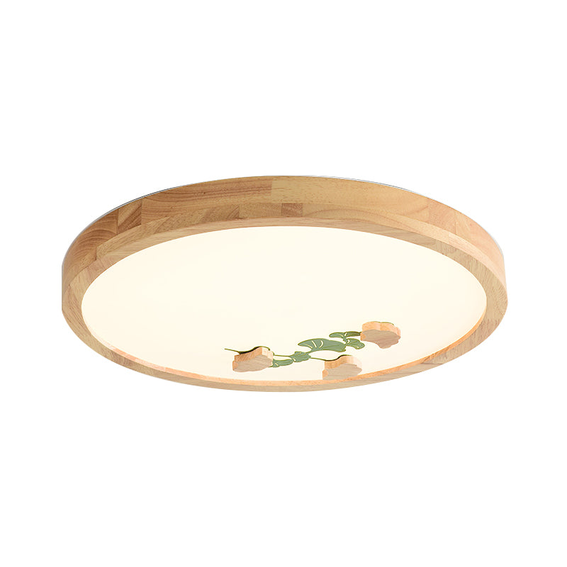 Circle Ceiling Mounted Lamp Simple Wood LED Bedroom Flushmount Light with White/Green Ginkgo Leaf Pattern Clearhalo 'Ceiling Lights' 'Close To Ceiling Lights' 'Close to ceiling' 'Flush mount' Lighting' 917841