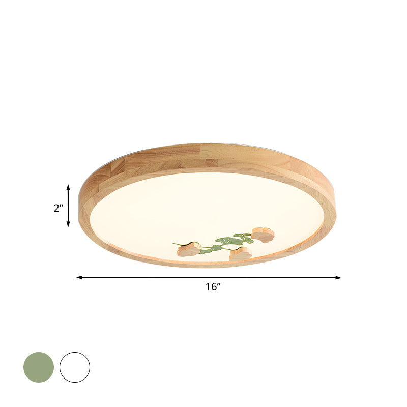 Circle Ceiling Mounted Lamp Simple Wood LED Bedroom Flushmount Light with White/Green Ginkgo Leaf Pattern Clearhalo 'Ceiling Lights' 'Close To Ceiling Lights' 'Close to ceiling' 'Flush mount' Lighting' 917842