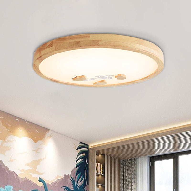 Circle Ceiling Mounted Lamp Simple Wood LED Bedroom Flushmount Light with White/Green Ginkgo Leaf Pattern Clearhalo 'Ceiling Lights' 'Close To Ceiling Lights' 'Close to ceiling' 'Flush mount' Lighting' 917845