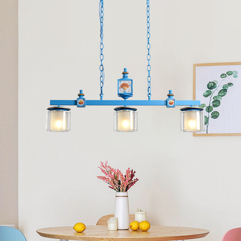 Cartoon 3 Bulbs Island Pendant Light with Clear and Opal Glass Shade Sky/Water Blue Dual Cylinder Pendulum Lamp Sky Blue Clearhalo 'Ceiling Lights' 'Glass shade' 'Glass' 'Island Lights' 'Pendant Lights' Lighting' 917916