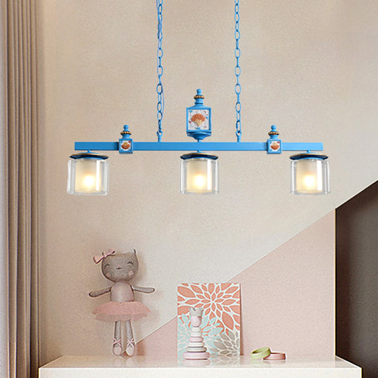 Cartoon 3 Bulbs Island Pendant Light with Clear and Opal Glass Shade Sky/Water Blue Dual Cylinder Pendulum Lamp Clearhalo 'Ceiling Lights' 'Glass shade' 'Glass' 'Island Lights' 'Pendant Lights' Lighting' 917917