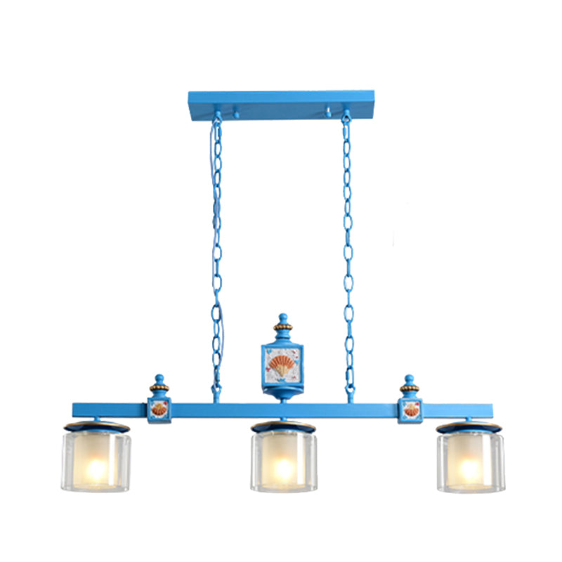 Cartoon 3 Bulbs Island Pendant Light with Clear and Opal Glass Shade Sky/Water Blue Dual Cylinder Pendulum Lamp Clearhalo 'Ceiling Lights' 'Glass shade' 'Glass' 'Island Lights' 'Pendant Lights' Lighting' 917918