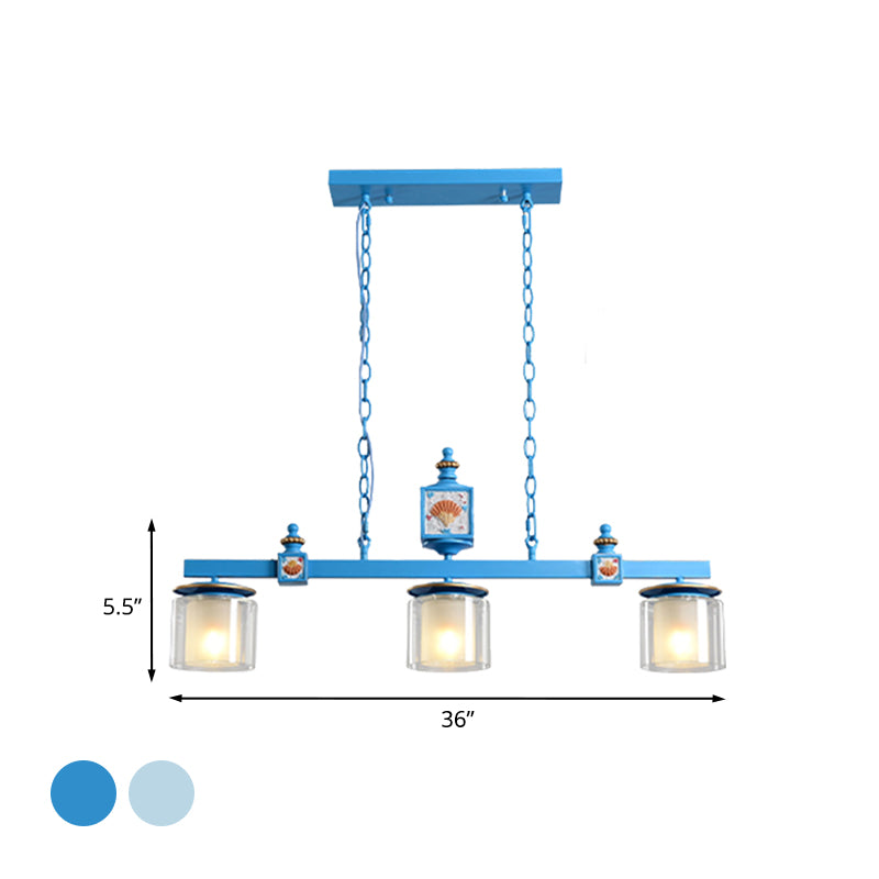Cartoon 3 Bulbs Island Pendant Light with Clear and Opal Glass Shade Sky/Water Blue Dual Cylinder Pendulum Lamp Clearhalo 'Ceiling Lights' 'Glass shade' 'Glass' 'Island Lights' 'Pendant Lights' Lighting' 917919