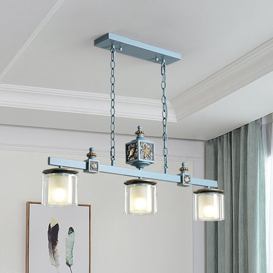 Cartoon 3 Bulbs Island Pendant Light with Clear and Opal Glass Shade Sky/Water Blue Dual Cylinder Pendulum Lamp Water Blue Clearhalo 'Ceiling Lights' 'Glass shade' 'Glass' 'Island Lights' 'Pendant Lights' Lighting' 917920