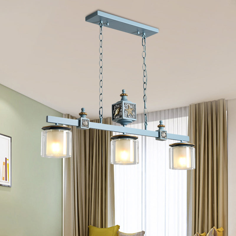 Cartoon 3 Bulbs Island Pendant Light with Clear and Opal Glass Shade Sky/Water Blue Dual Cylinder Pendulum Lamp Clearhalo 'Ceiling Lights' 'Glass shade' 'Glass' 'Island Lights' 'Pendant Lights' Lighting' 917921