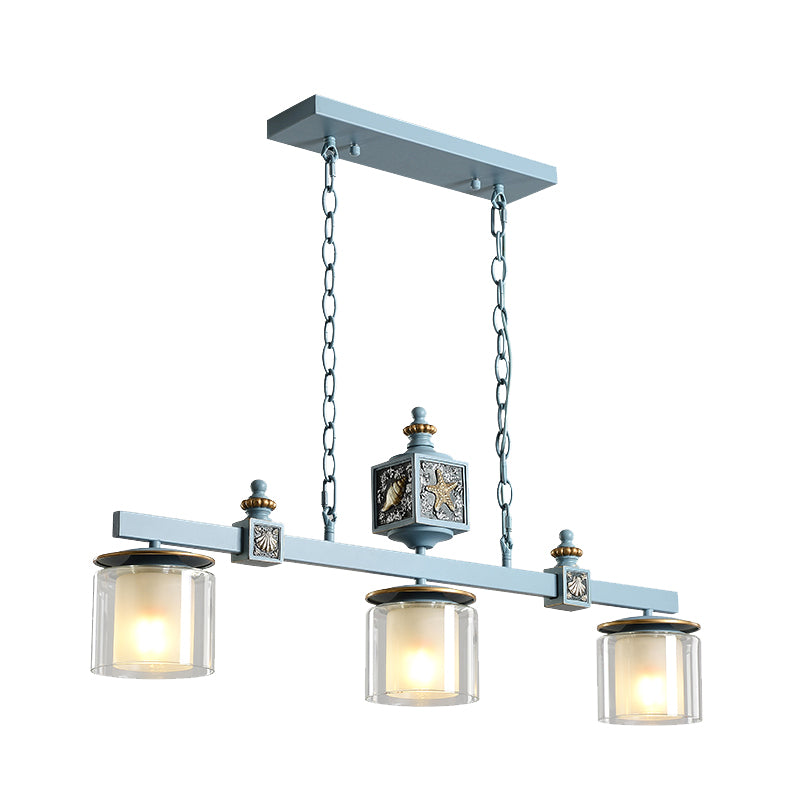 Cartoon 3 Bulbs Island Pendant Light with Clear and Opal Glass Shade Sky/Water Blue Dual Cylinder Pendulum Lamp Clearhalo 'Ceiling Lights' 'Glass shade' 'Glass' 'Island Lights' 'Pendant Lights' Lighting' 917922