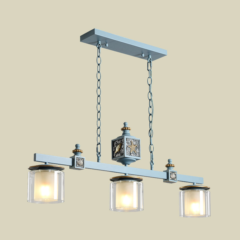 Cartoon 3 Bulbs Island Pendant Light with Clear and Opal Glass Shade Sky/Water Blue Dual Cylinder Pendulum Lamp Clearhalo 'Ceiling Lights' 'Glass shade' 'Glass' 'Island Lights' 'Pendant Lights' Lighting' 917923