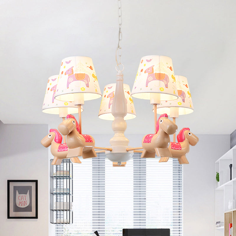 Barrel Hanging Chandelier Cartoon Fabric 5-Head White Finish Radial Pendant Light Kit with Carousel/Fish and Girl Deco Clearhalo 'Ceiling Lights' 'Chandeliers' Lighting' options 917924