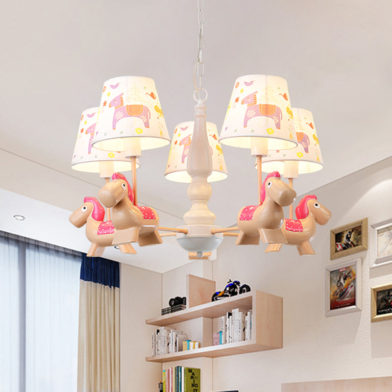 Barrel Hanging Chandelier Cartoon Fabric 5-Head White Finish Radial Pendant Light Kit with Carousel/Fish and Girl Deco Clearhalo 'Ceiling Lights' 'Chandeliers' Lighting' options 917925