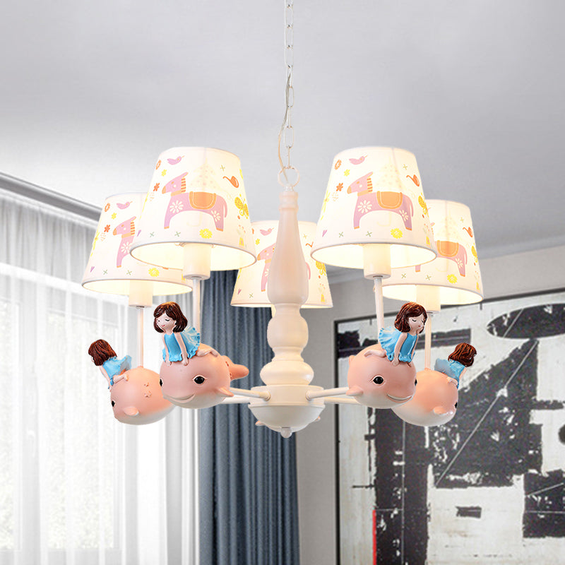 Barrel Hanging Chandelier Cartoon Fabric 5-Head White Finish Radial Pendant Light Kit with Carousel/Fish and Girl Deco Clearhalo 'Ceiling Lights' 'Chandeliers' Lighting' options 917928