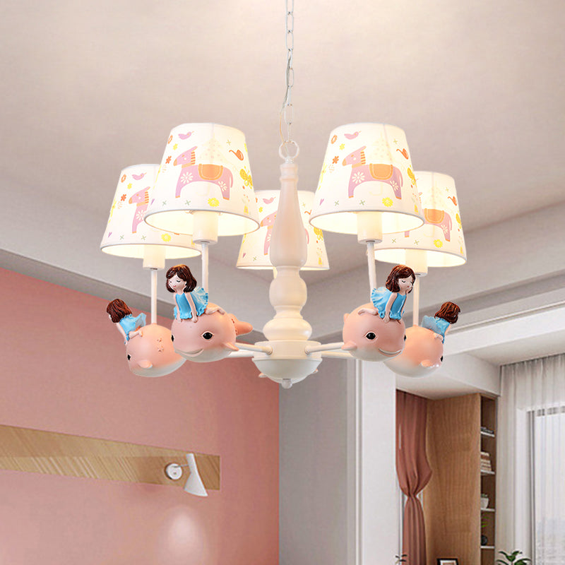 Barrel Hanging Chandelier Cartoon Fabric 5-Head White Finish Radial Pendant Light Kit with Carousel/Fish and Girl Deco Clearhalo 'Ceiling Lights' 'Chandeliers' Lighting' options 917929