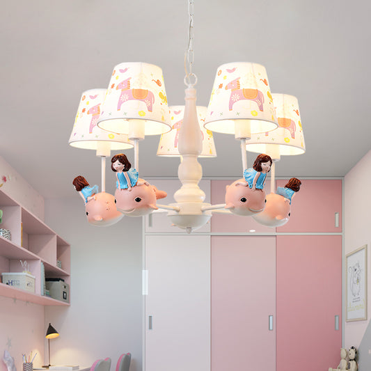 Barrel Hanging Chandelier Cartoon Fabric 5-Head White Finish Radial Pendant Light Kit with Carousel/Fish and Girl Deco Clearhalo 'Ceiling Lights' 'Chandeliers' Lighting' options 917930